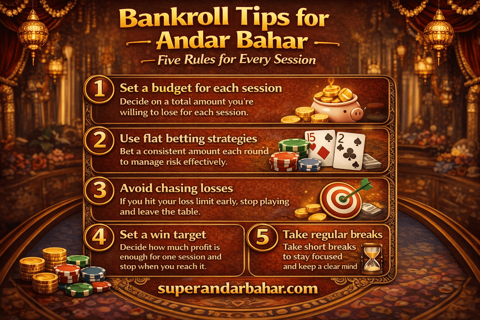 Infographic with five bankroll management rules for Andar Bahar players including budget, flat bets, and win targets