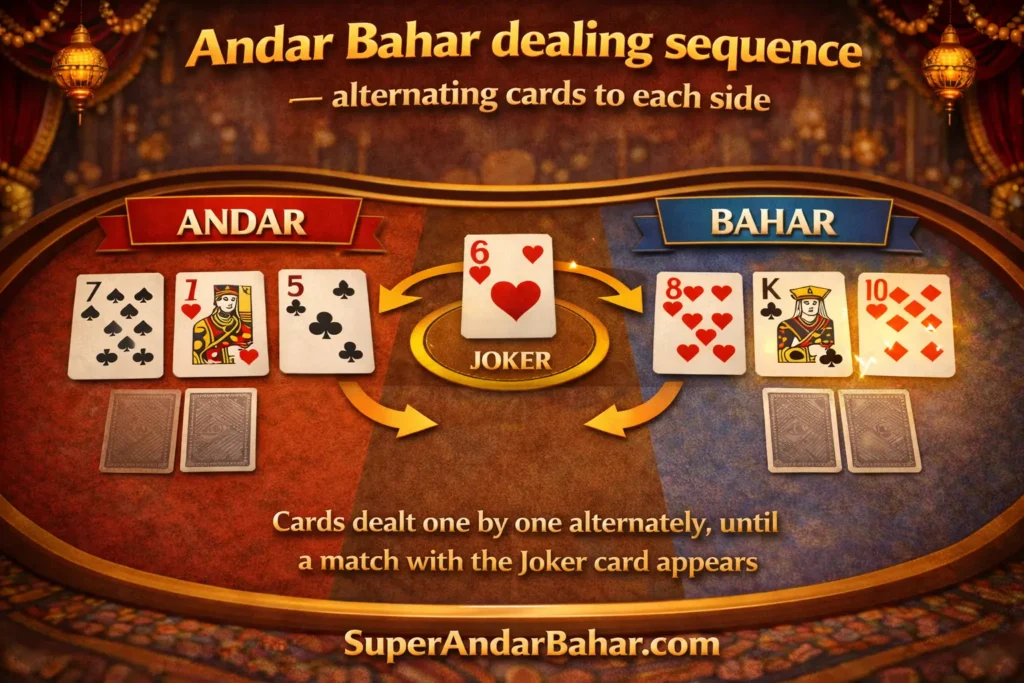 Infographic showing Andar Bahar side bet ranges from 1–5 cards to 46–49 cards with corresponding payout multipliers