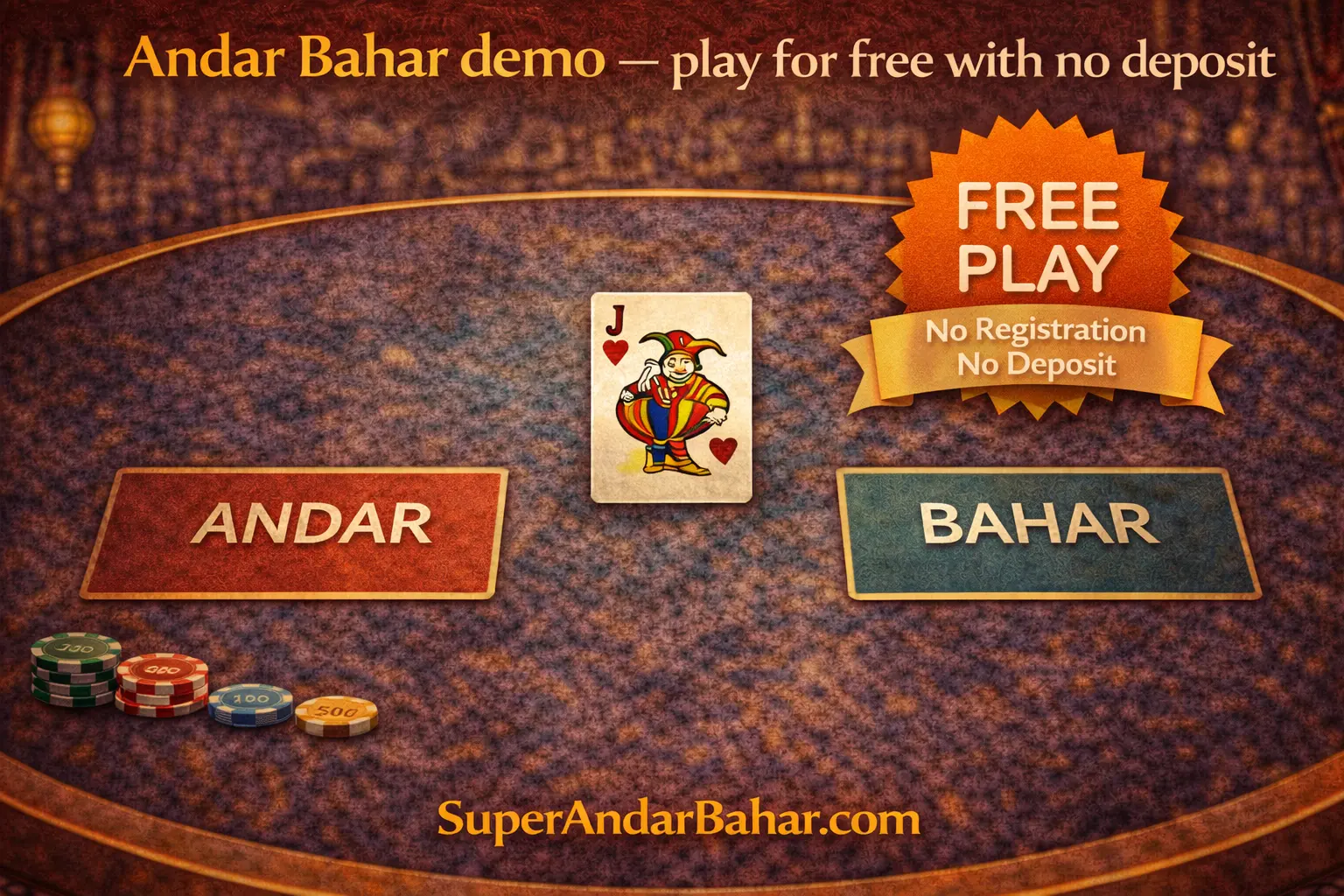 Andar Bahar card table with a free play badge showing that demo mode requires no registration and no deposit