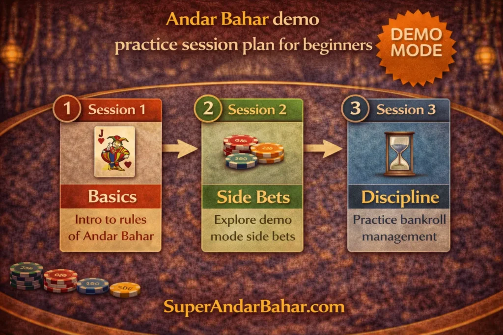 A three-step practice plan for Andar Bahar demo mode showing Session 1 basics, Session 2 side bets, and Session 3 discipline