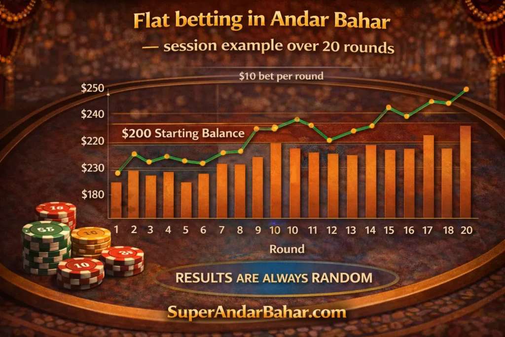 Chart showing a flat bet session of 20 Andar Bahar rounds with steady bet size and gradual balance changes