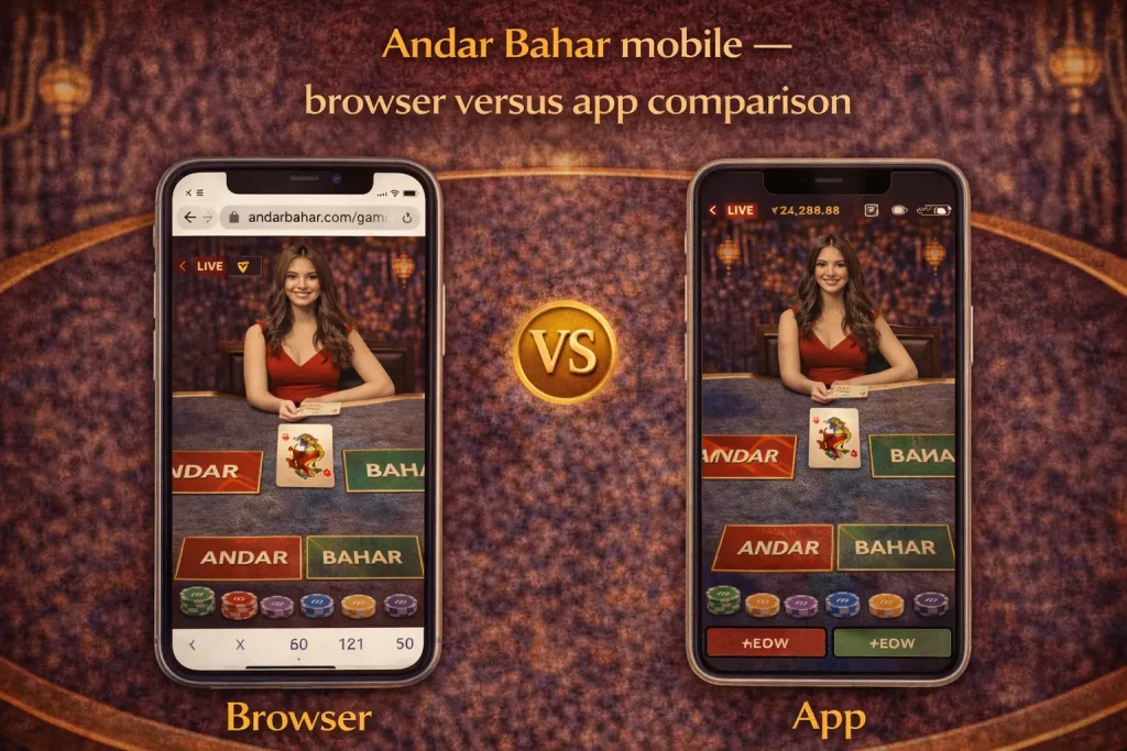 Split screen comparing Andar Bahar played in a mobile browser on the left versus a casino app on the right showing identical game interfaces