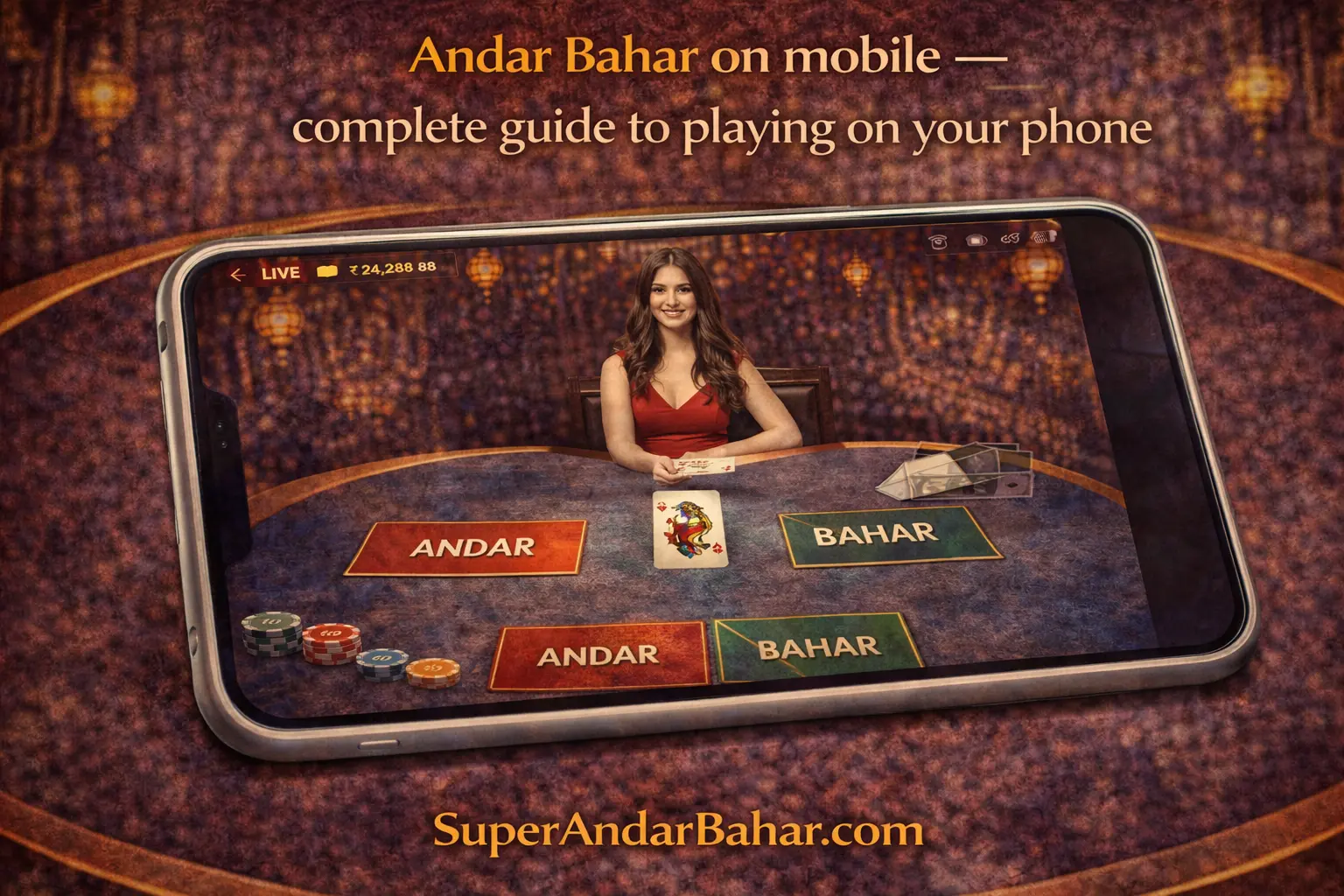 Smartphone showing an Andar Bahar live dealer game with cards being dealt and betting chips visible on the mobile screen