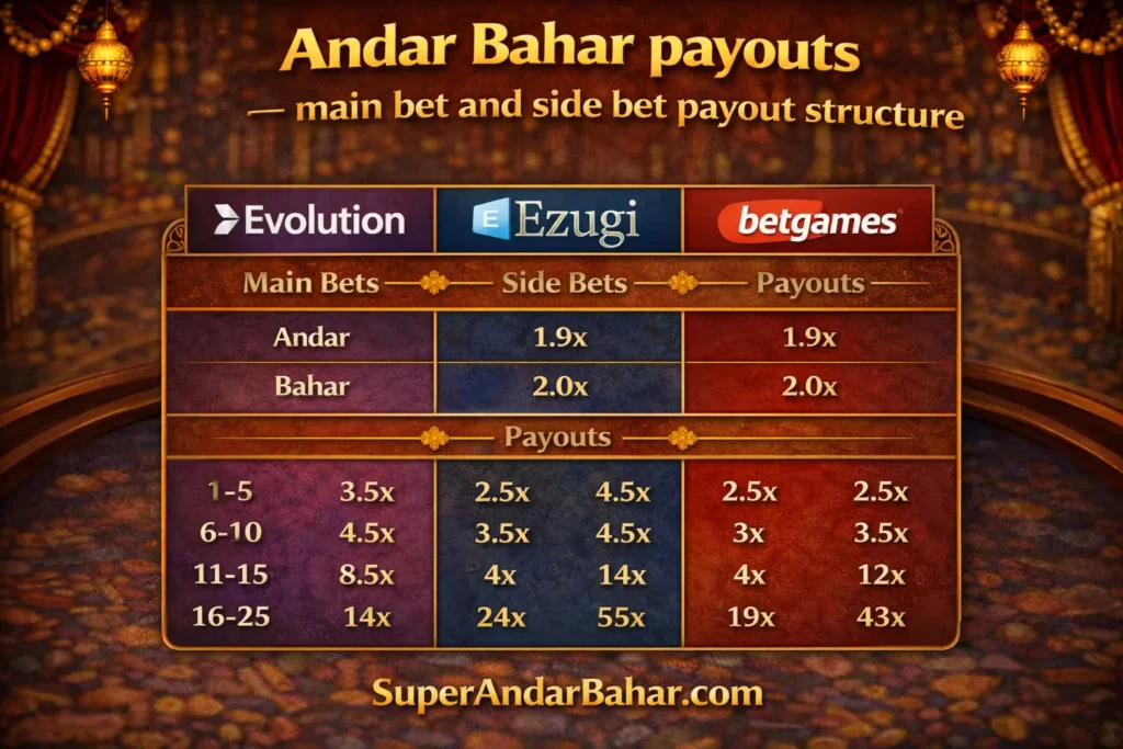 Table showing Andar Bahar payout ratios for main bets and side bets across different providers