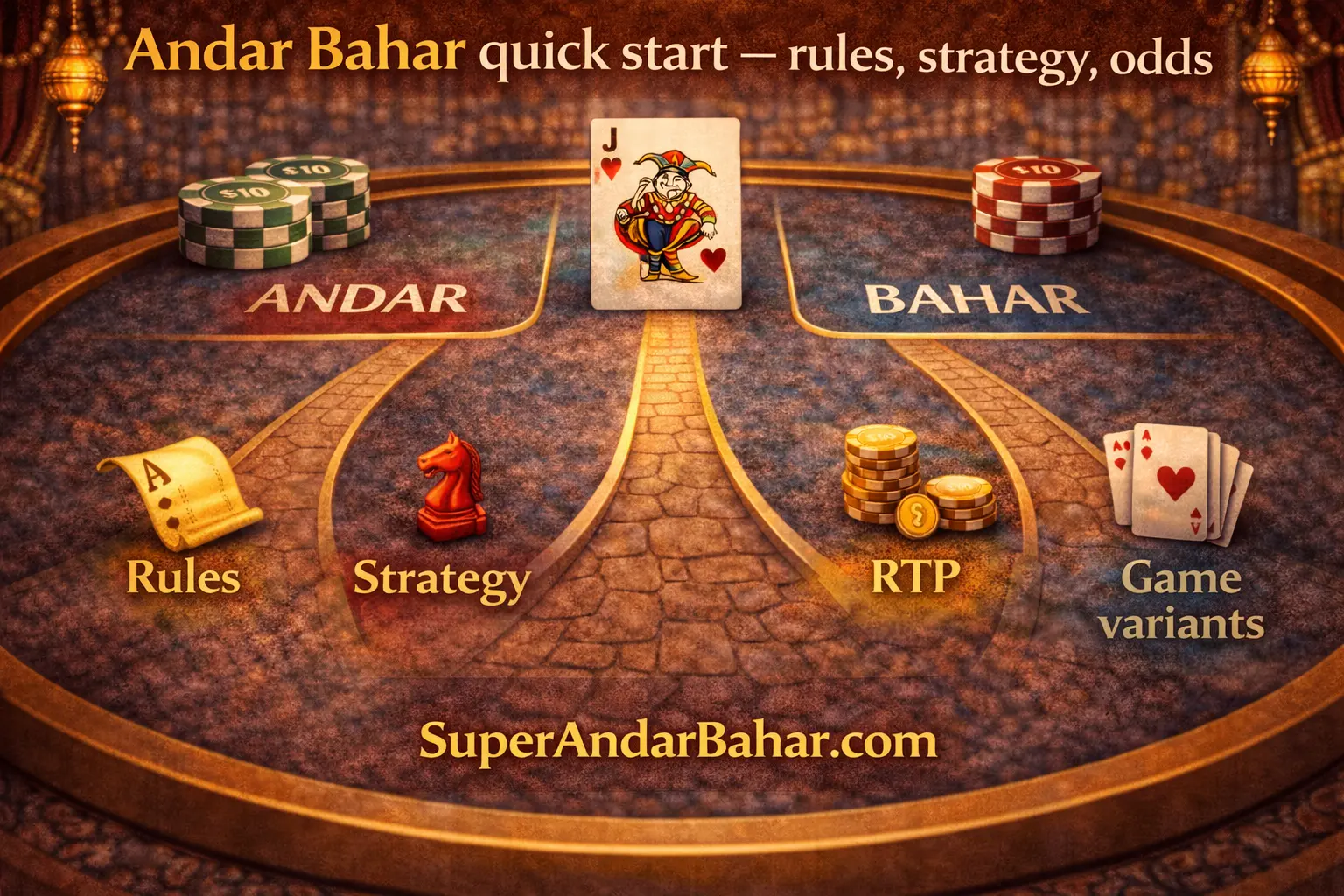 t TextAndar Bahar table layout with four paths representing rules, strategy, RTP, and game variants