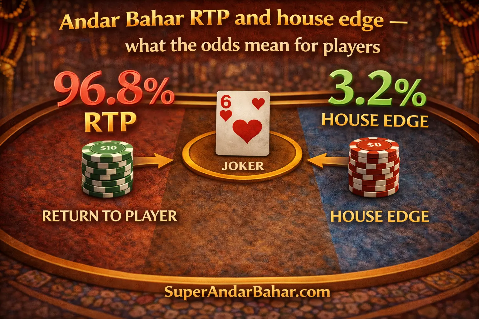Percentage symbols and casino chips on an Andar Bahar table illustrating RTP and house edge concepts