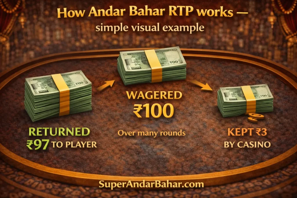Infographic showing ₹100 wagered with ₹97 returned to player and ₹3 kept by casino over many rounds