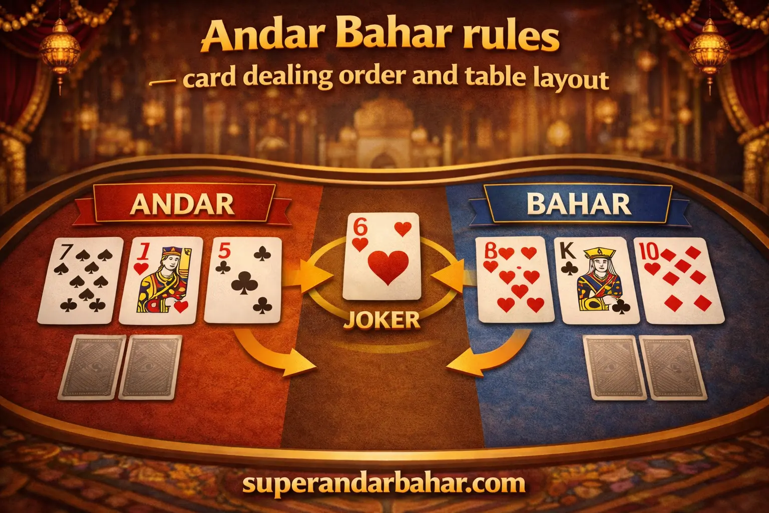 Andar Bahar table showing the Joker card in the center with cards dealt alternately to Andar and Bahar sides