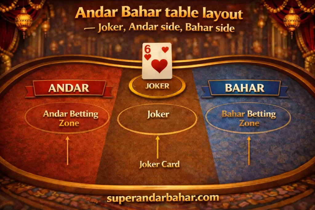 Diagram of an Andar Bahar table with labeled areas for Joker card, Andar betting zone, and Bahar betting zone
