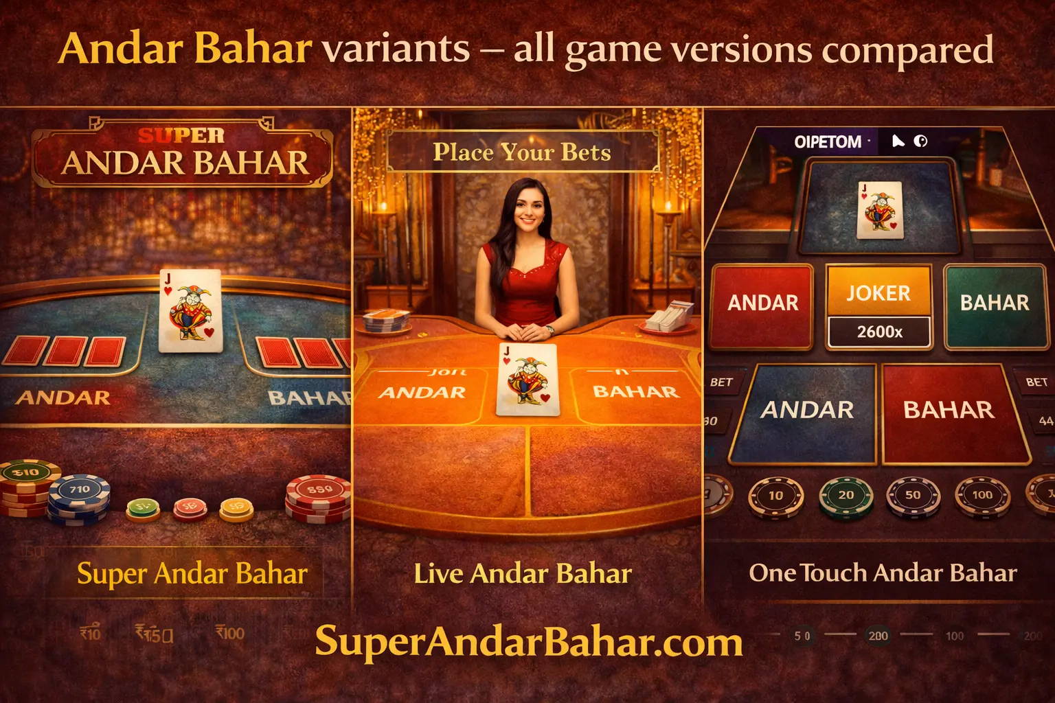 Multiple Andar Bahar table layouts side by side showing different game variants including Super, Live, and OneTouch versions