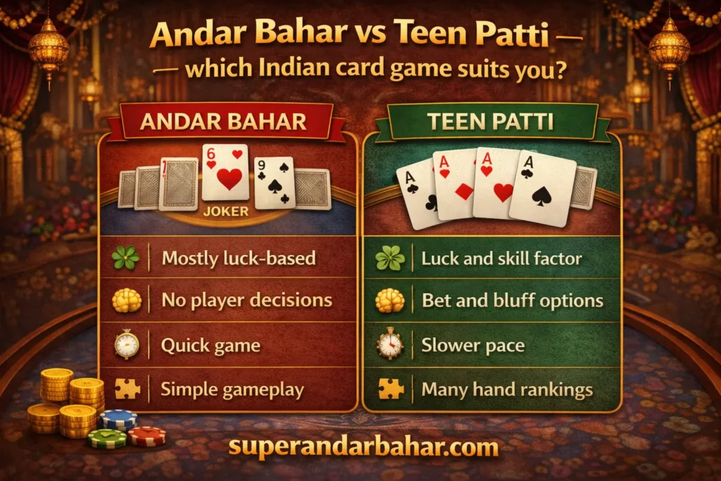 Side-by-side comparison of Andar Bahar and Teen Patti showing differences in luck, skill, speed, and complexity