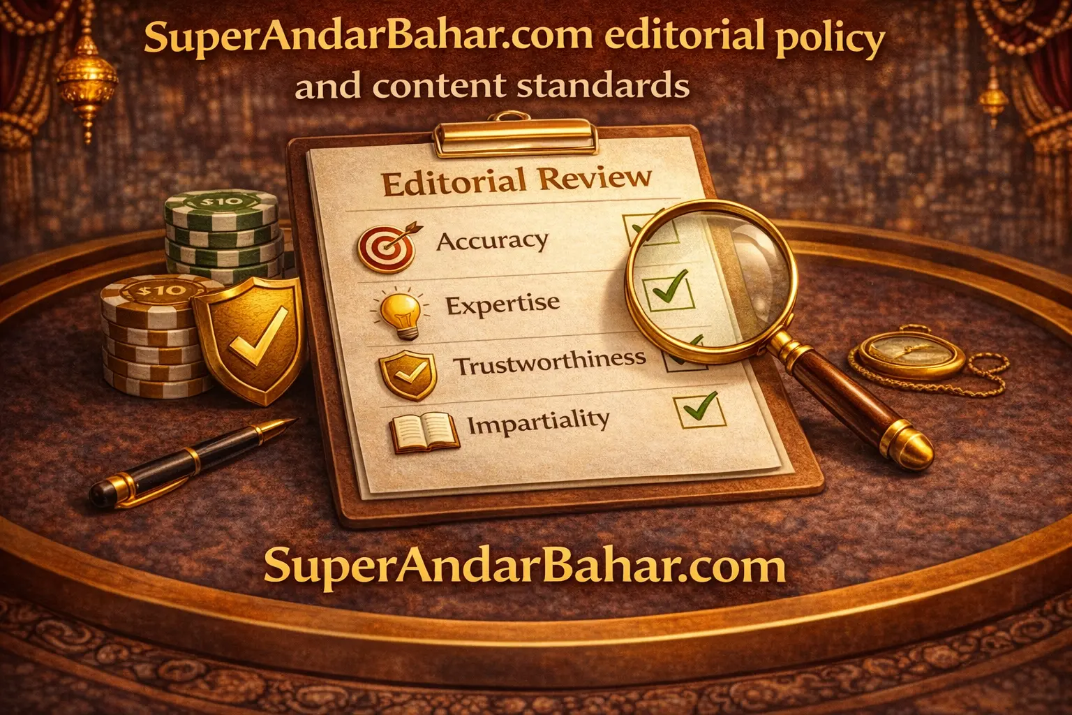 A checklist and magnifying glass representing SuperAndarBahar.com editorial review process