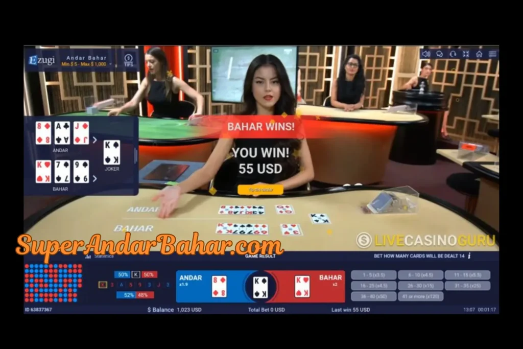 Ezugi Live Andar Bahar game interface showing live dealer, betting chips, statistics panel, and multiple camera angle view