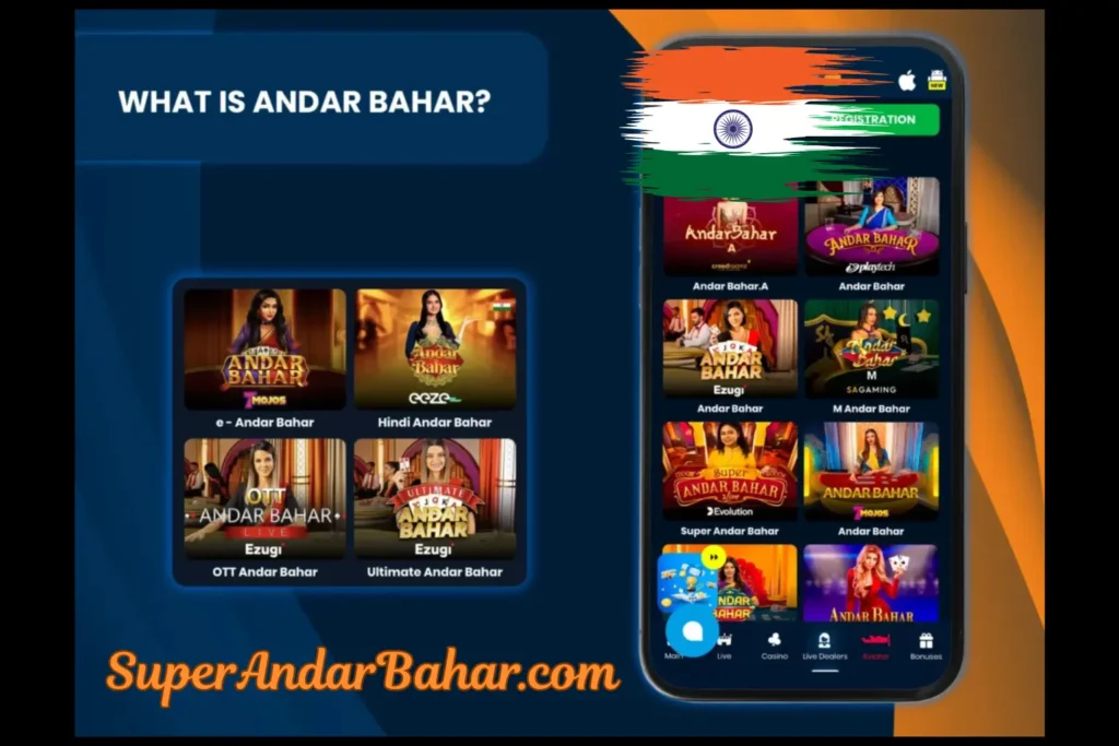 Mobile phone screen showing Ezugi Live Andar Bahar game interface with dealer, betting options, and card layout adapted for smartphone