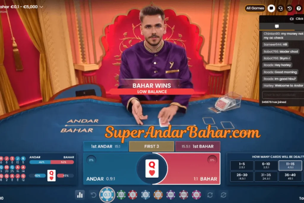 Overhead view of Ezugi Live Andar Bahar table showing Joker card in centre with Andar and Bahar dealing positions on each side