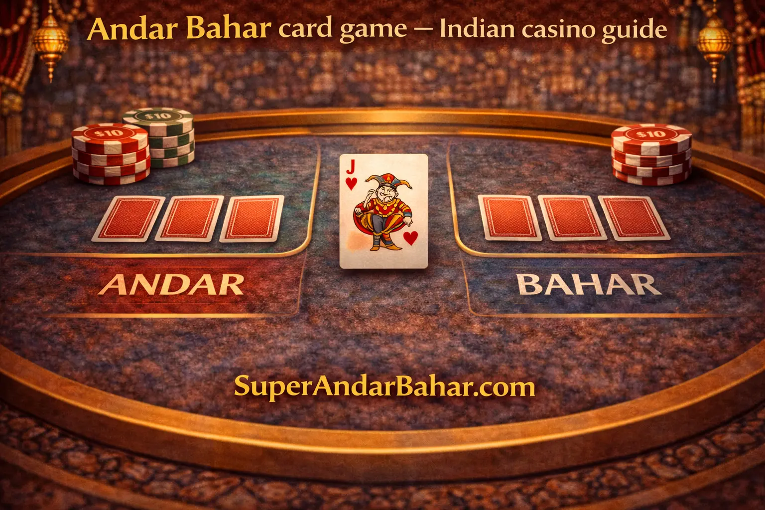 Illustration of an Andar Bahar card table with Joker card in the center representing the game core mechanic
