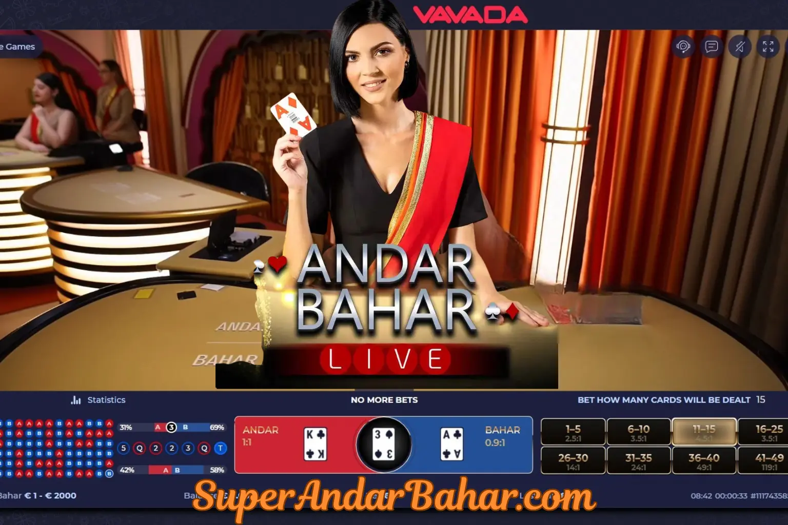 Live Andar Bahar dealer at an Evolution studio table with cards being dealt to Andar and Bahar sides