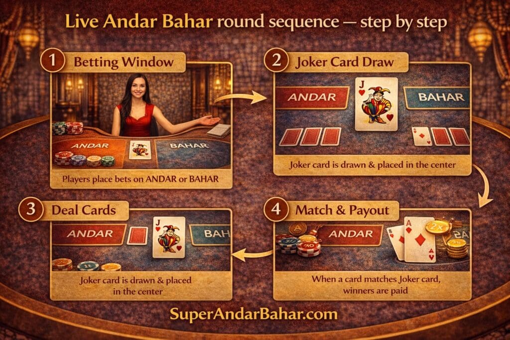 Step-by-step diagram showing a Live Andar Bahar round from betting window through Joker card draw to match and payout