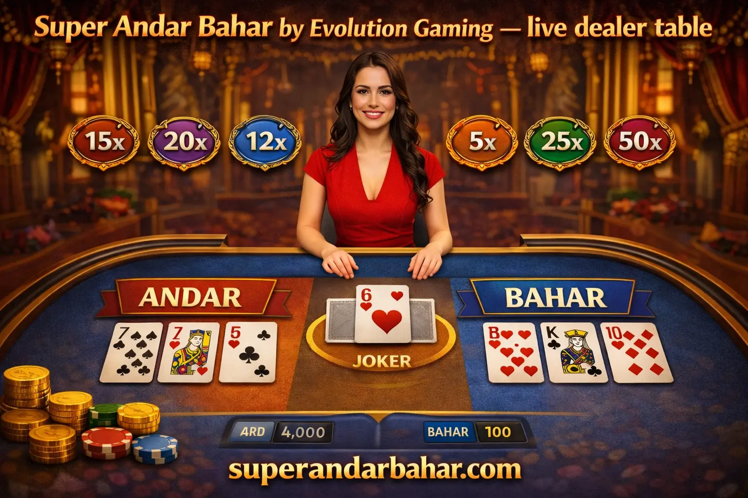 Ezugi Live Andar Bahar table with professional dealer and card layout on screen