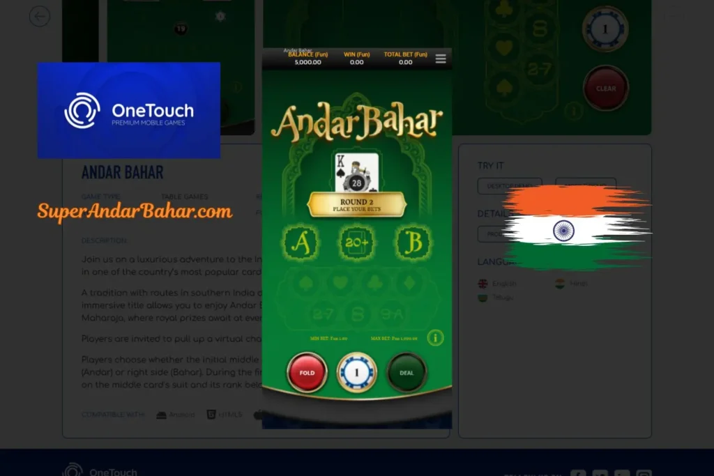 OneTouch Andar Bahar game showing demo mode with virtual coin balance and play for free button highlighted