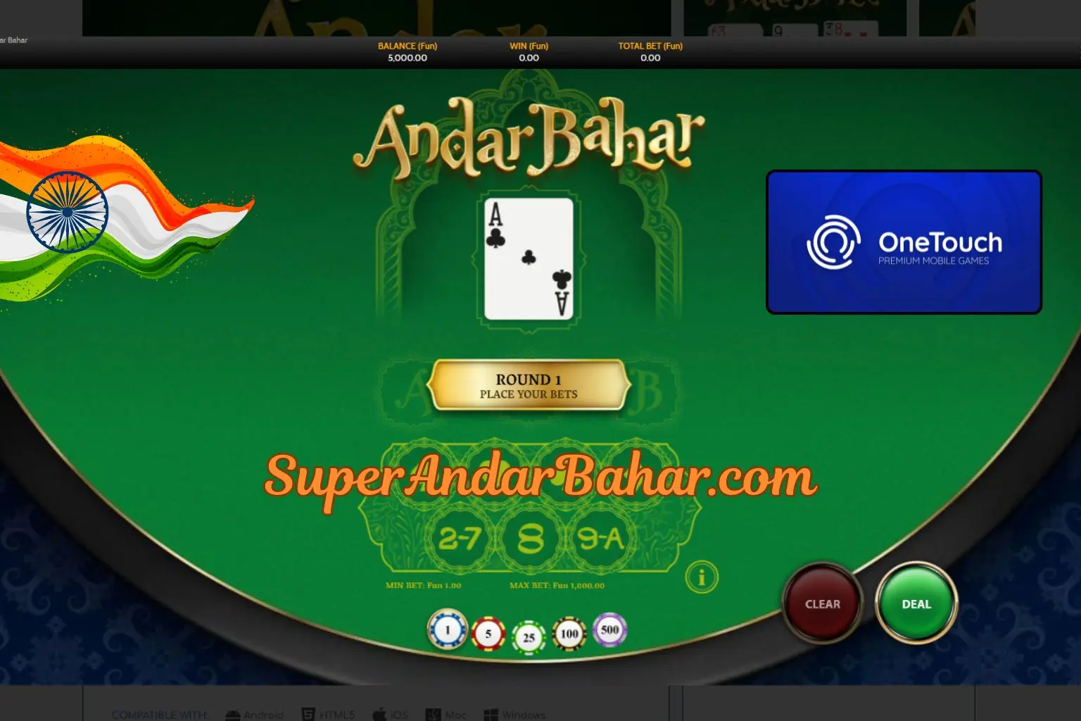 OneTouch Andar Bahar digital game interface showing the card table in portrait mode with Indian-themed design