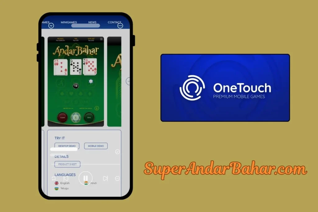 OneTouch Andar Bahar game showing demo mode with virtual coin balance and play for free button highlighted