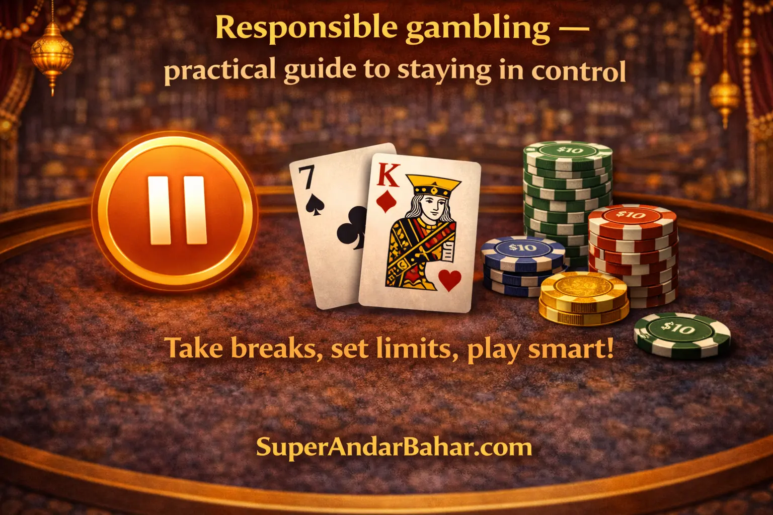A calm illustration showing a pause button next to playing cards and casino chips, representing responsible gambling