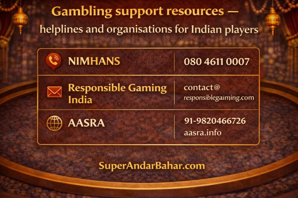 Contact information graphic showing gambling support helplines and websites available to players in India