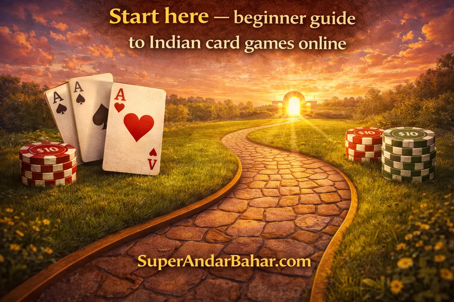 A welcoming illustration showing playing cards and a clear path representing a beginner's guide to Indian card games