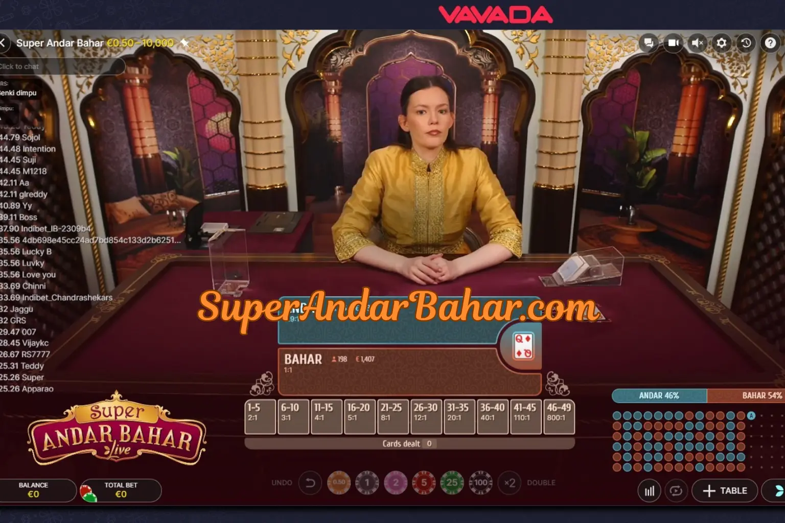 Super Andar Bahar live dealer table by Evolution showing the expanded betting layout with side bet positions