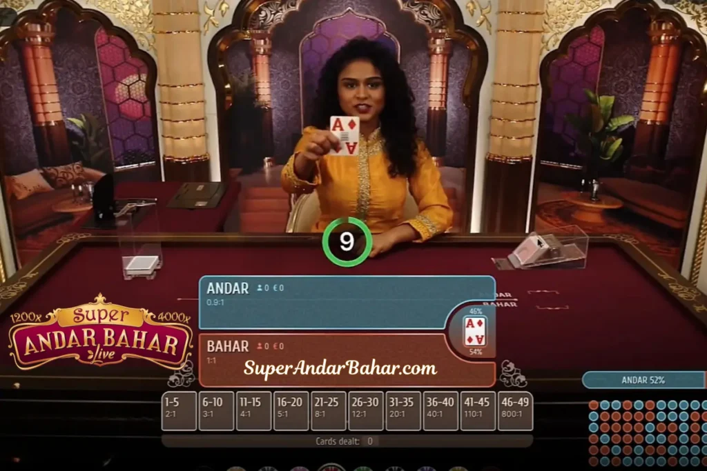 Live dealer at a Super Andar Bahar table in Evolution professional gaming studio with cards and betting interface visible