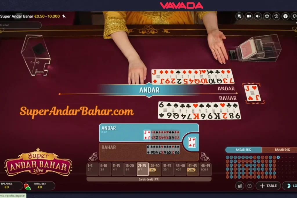Overhead view of Super Andar Bahar table layout with Joker card in center and labelled positions for main bet and multiple side bets