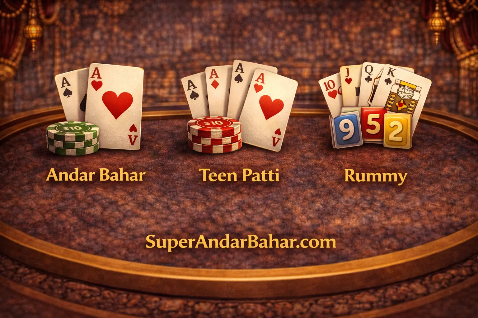 Three card game icons representing Andar Bahar, Teen Patti, and Rummy side by side
