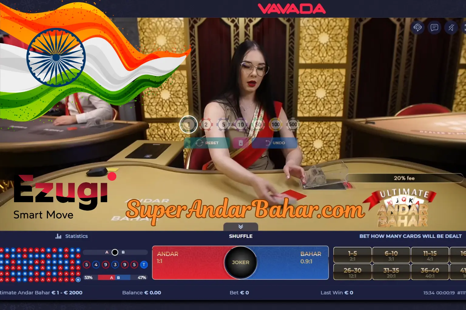 Ultimate Andar Bahar live dealer table by Ezugi showing multiplier cards and the expanded betting interface