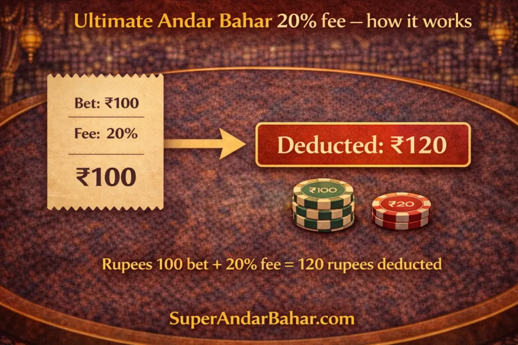 Infographic showing how the 20 percent fee works in Ultimate Andar Bahar with a bet of 100 rupees plus 20 rupee fee totalling 120 rupees deducted