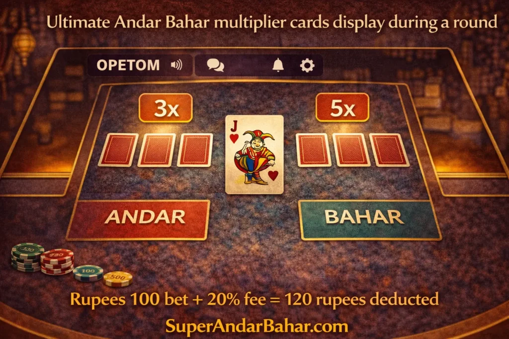 Close-up of Ultimate Andar Bahar screen showing randomly selected multiplier cards with 3x and 5x values assigned to specific card positions